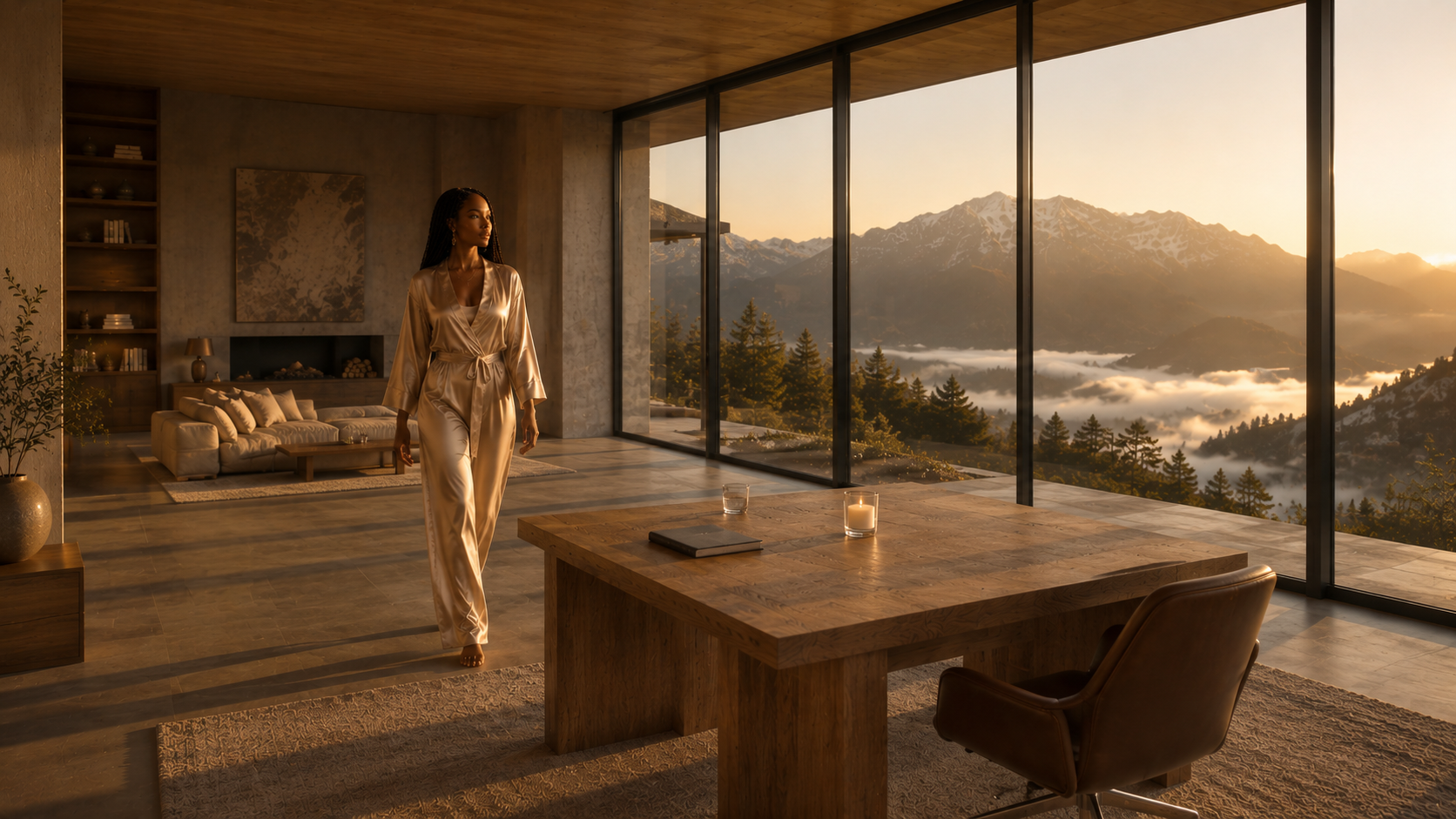 A woman walking at sunrise through a glass-walled space overlooking mountains