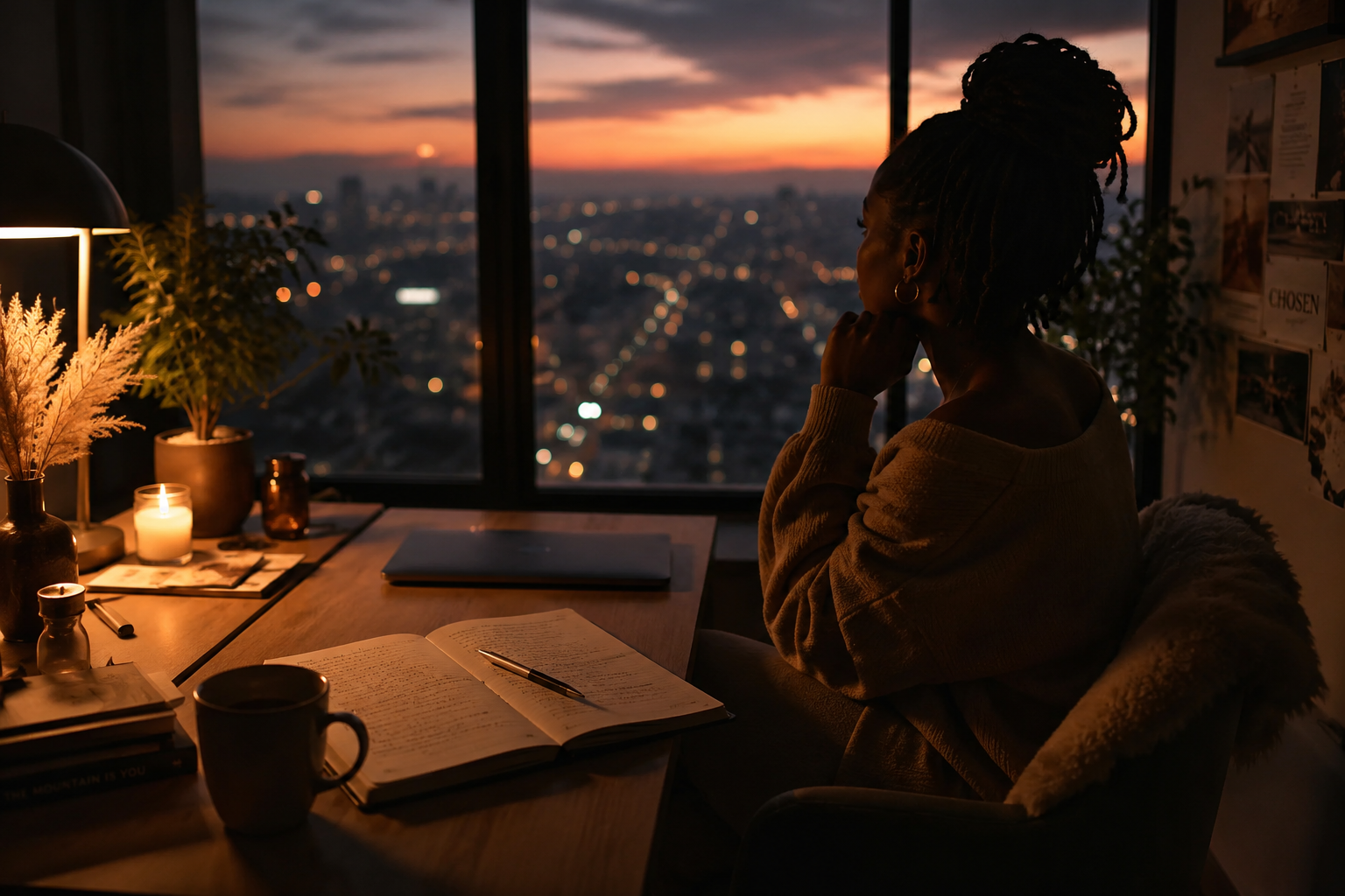 A woman at her desk in quiet reflection