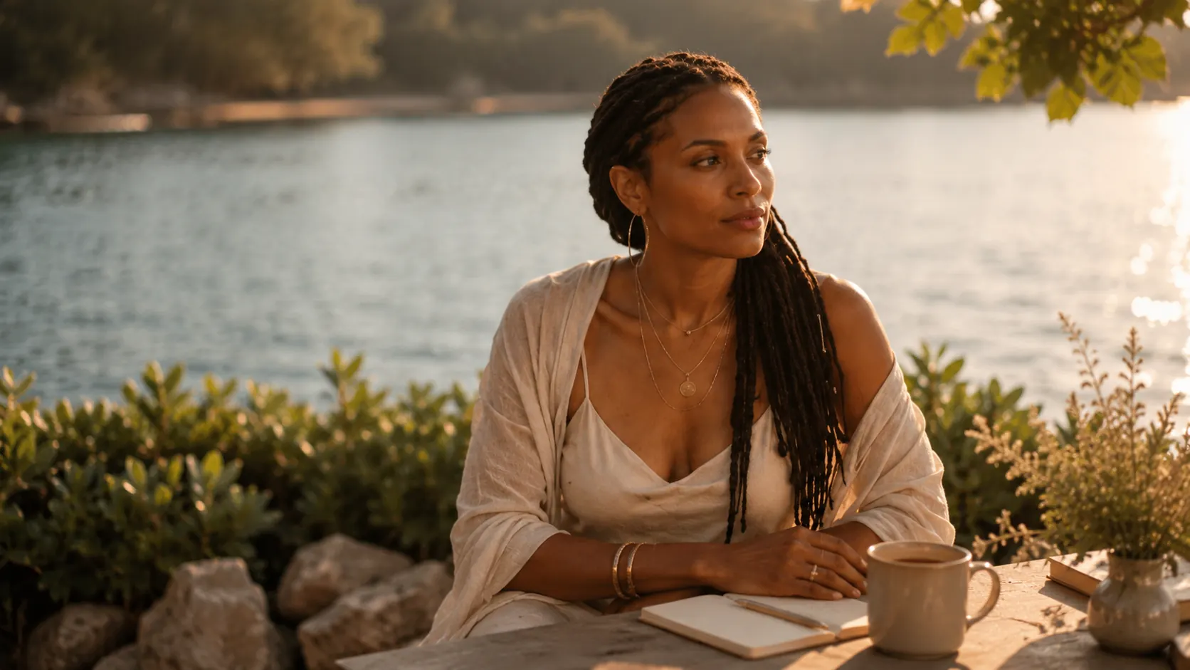 A woman in linen at golden hour, journal and tea by the water