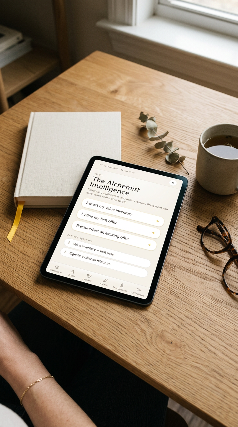 An iPad on a warm oak desk displaying the Alchemist Intelligence studio, beside a linen journal with a soul-gold silk ribbon.
