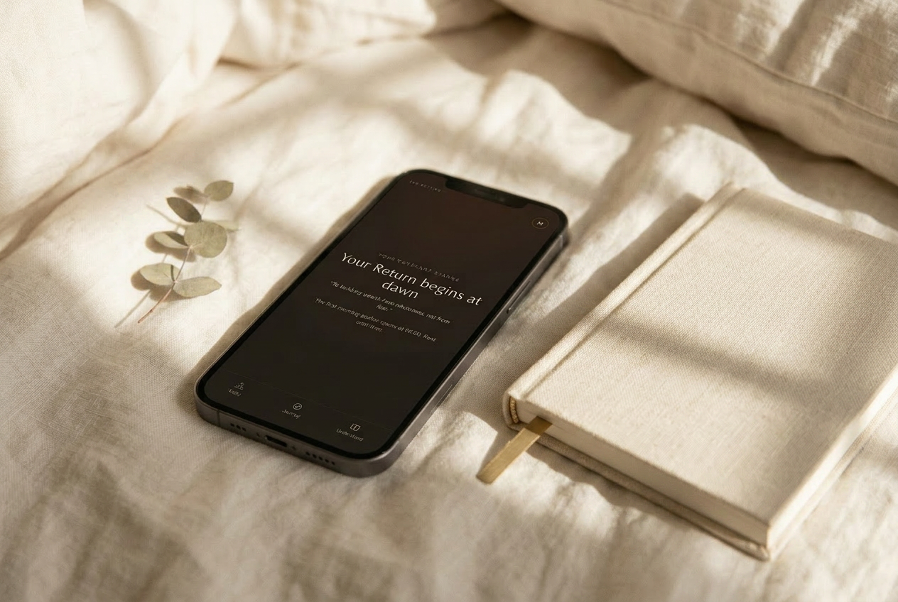 The Return on iPhone, resting on morning linen
